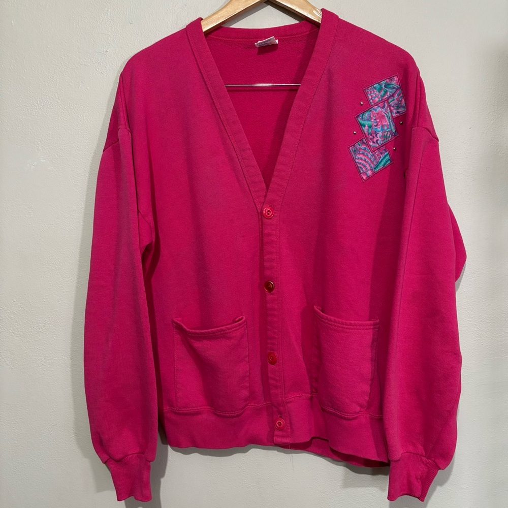 Jerzees 90s Vintage Pink Cardigan Size Large Button Up Pockets